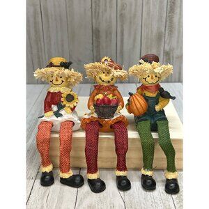 Vintage Set of 3 Scarecrow 6 inches Tall with Pumpkin Sunflower and Basket Hats